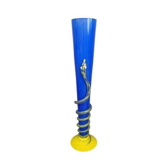 Hand Blown Blue Czech Art Glass Vase, Applied Spiral Swirl Snake, 16" Tall - Picture 1 of 9